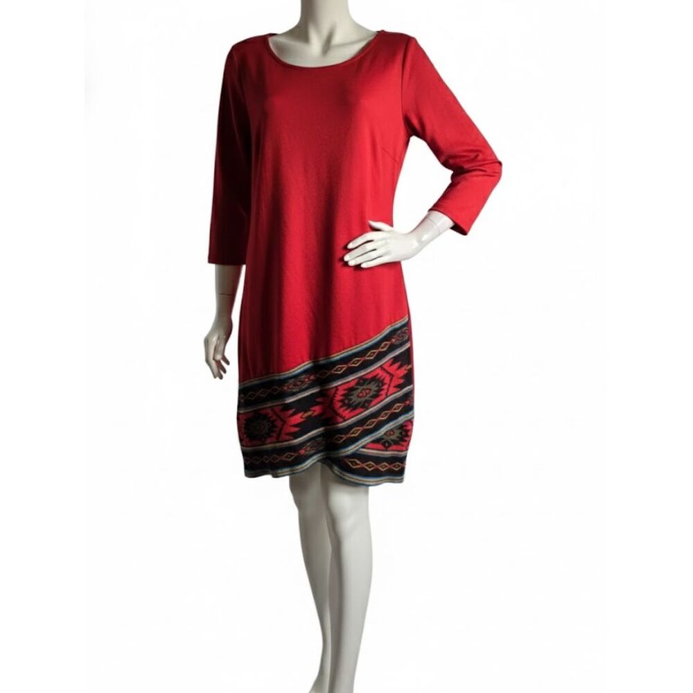 Spense Artsy Aztec Print Sweater Dress 10 Red Burgundy Maroon Knit Stretch